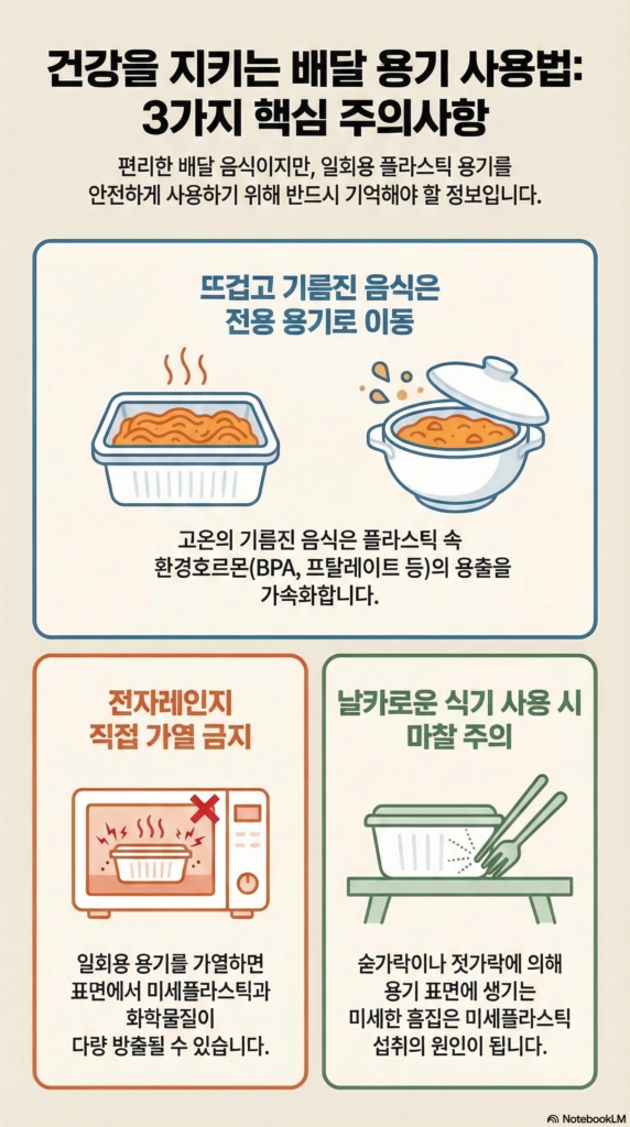 뜨거운 음식은 전용 용기에 옮기기, 전자레인지용 플라스틱 사용 금지, 음식용 일회용 용기 재사용 금지 등 배달 용기 사용 시 주의해야 할 세 가지 사항을 설명하는 한국어 인포그래픽입니다.