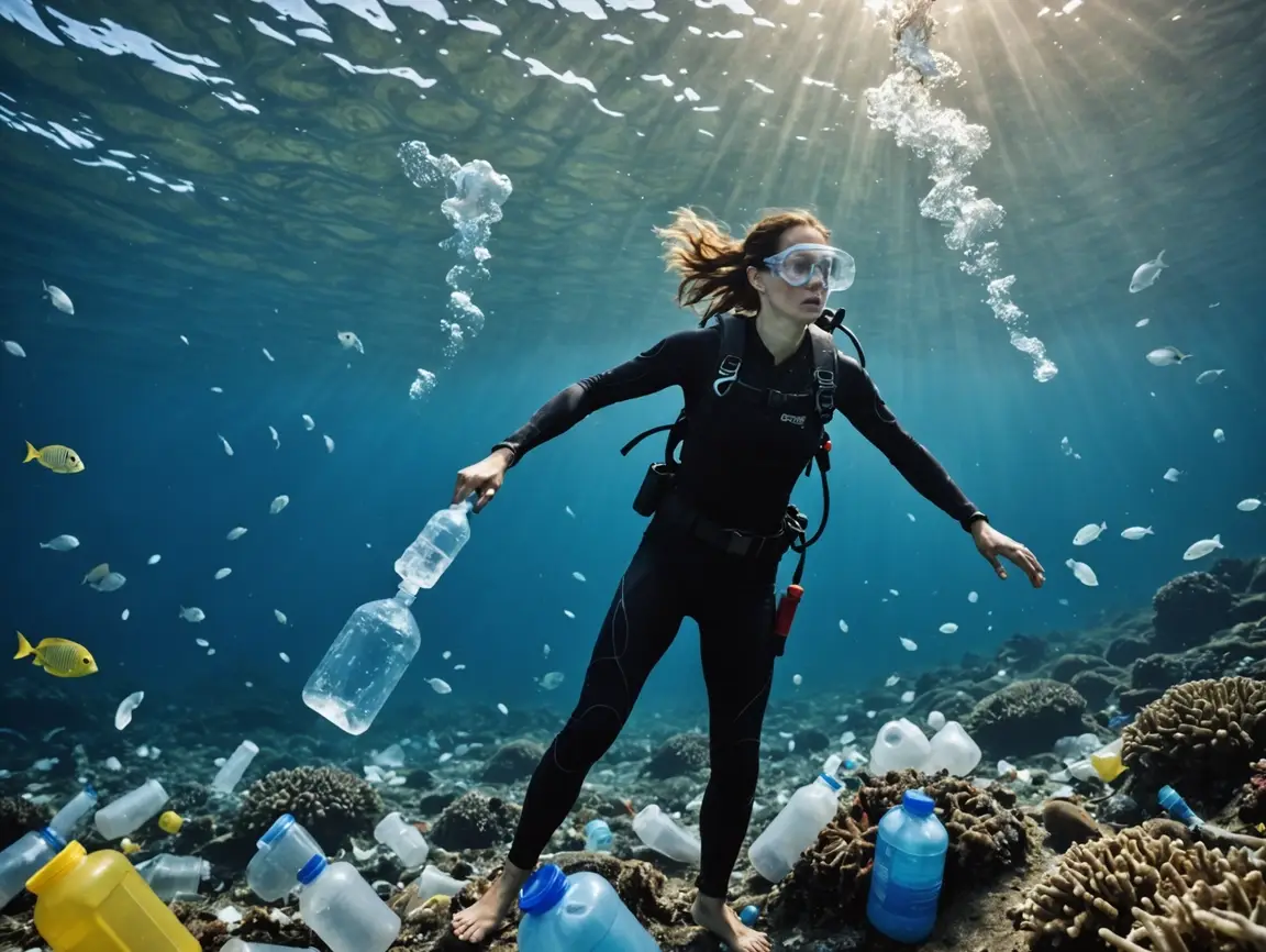 A scuba diver in a wetsuit holds a 플라스틱 bottle underwater, surrounded by floating debris and vibrant coral reefs, with sunlight filtering through the water—a vivid reminder of our 환경 and 건강.