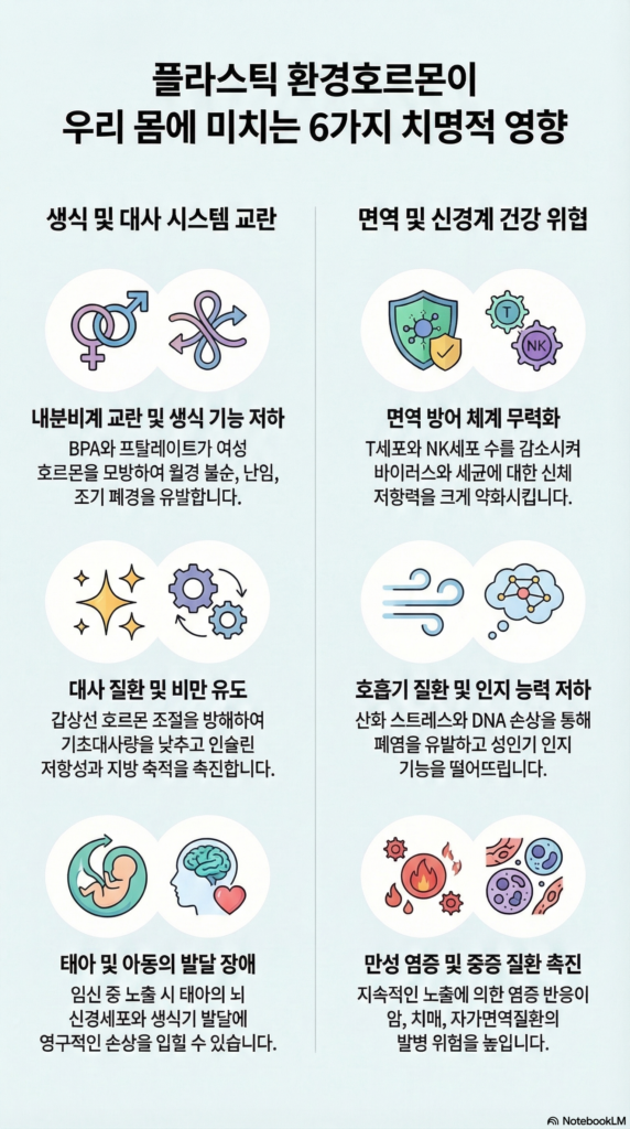 Infographic-style illustration highlighting six impactful effects of plastic environment hormones (BPA and phthalates) on the body, including hormonal disruption, immune impact, developmental risks, metabolic issues, respiratory and brain health concerns.