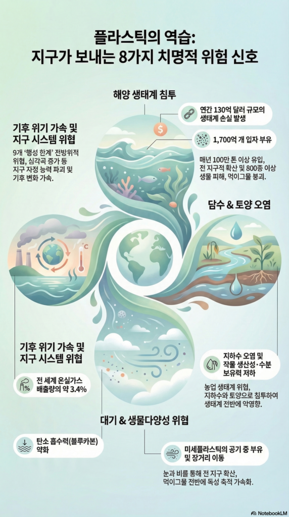 플라스틱의 역습을 다룬 지구 환경 infographic로 파스텔 색상과 해양 생태계 이미지가 중심에 있는 그림으로, 미세플라스틱과 환경오염의 상호 작용, 인체 건강과 지구 생태계 영향을 설명하는 시각 자료입니다.