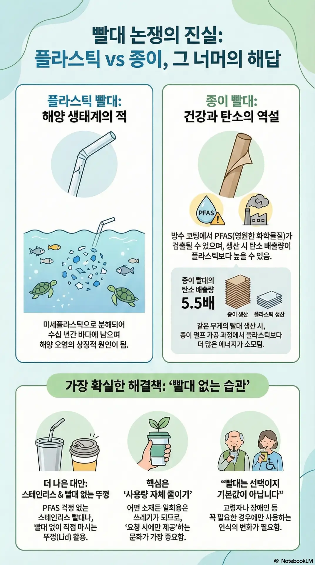 한국어 인포그래픽은 플라스틱 빨대와 종이 빨대를 비교하여 환경에 미치는 영향과 건강 위험에 대해 설명하고, 빨대를 사용하지 않거나 텀블러와 같은 재사용 가능한 대체품을 사용하는 것이 가장 좋은 해결책임을 제시합니다. 빨대와 음료의 일러스트가 함께 제공됩니다.