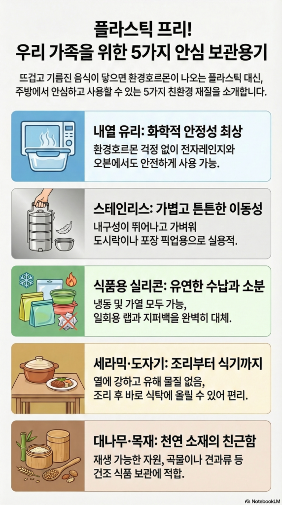 가족을 위한 친환경 식품 보관 용기 5가지를 한국어 인포그래픽으로 소개합니다. 유리, 스테인리스 스틸, 대나무, 세라믹, 실리콘 용기에 대한 이미지와 설명이 포함되어 있으며 각 용기의 장점도 함께 소개합니다.